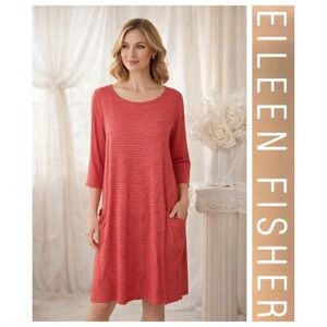 Eileen Fisher Coral Organic Linen Striped Shift Dress Beach Coastal L